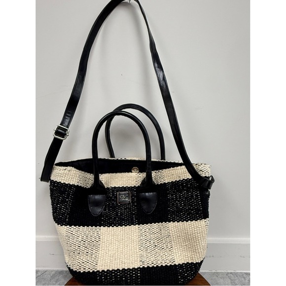 C&C California Handbags - C&C California Black and Cream Striped Woven Tote with Adjustable Shoulder Strap
